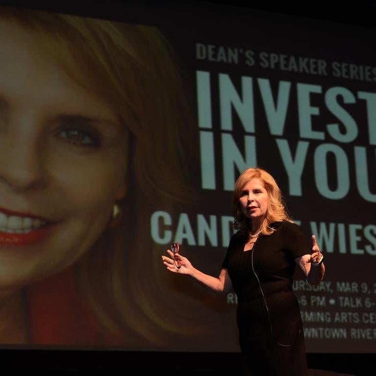 Due to popular demand, the UCR School of Business Dean’s Speaker Series moved downtown to the Fox Performing Arts Center, Riverside, California. Candace Wiest, a 20-year CEO banking executive, spoke to a packed audience of students, faculty, and community members.