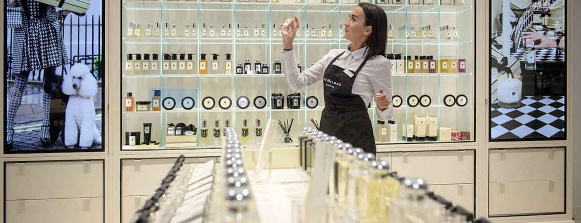 A saleswoman at a  'Jo Malone'  luxury fragrances counter in Duesseldorf, Germany