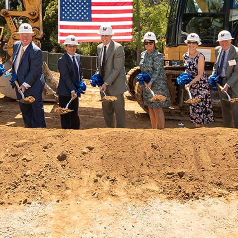 Groundbreaking ceremony 2023, campus leaders shoveling dirt