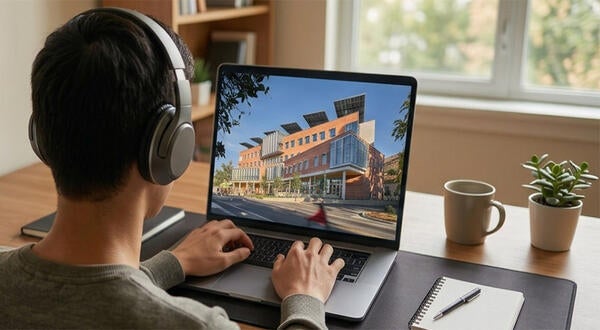 Male student with headphones working on a laptop that displays the UCR School of Business building