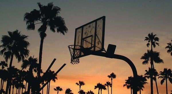 Basketball hoop at sunset with palm trees