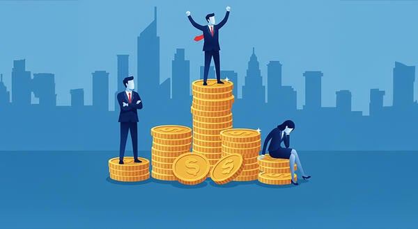 Business figures on varying coin stacks symbolizing wealth disparity