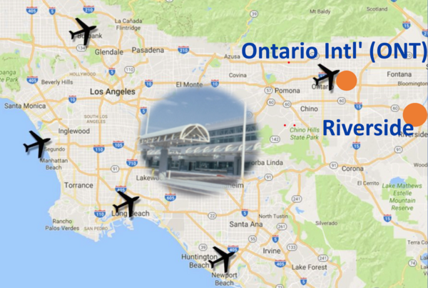 Map of greater Riverside area with airports