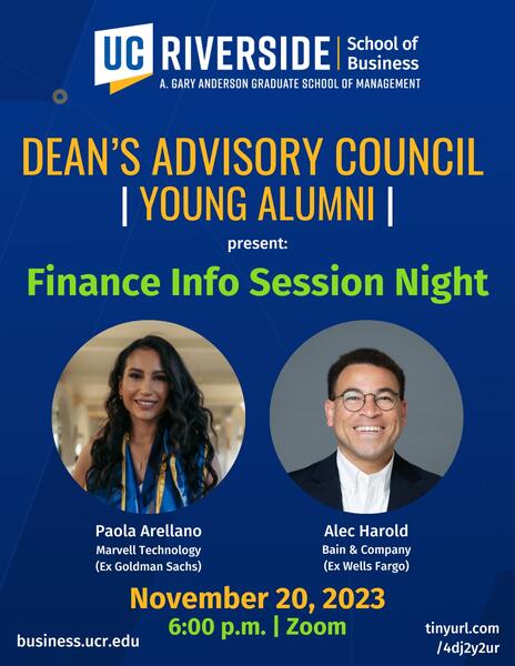 Finance Info Session Night, DAC-YA flier