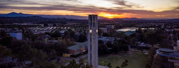 UCR Bell Tower sunset aerial