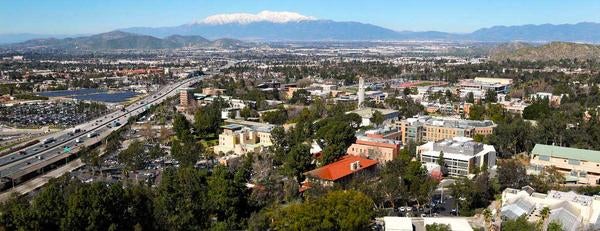 UCR campus aerial view with snow capped mountains