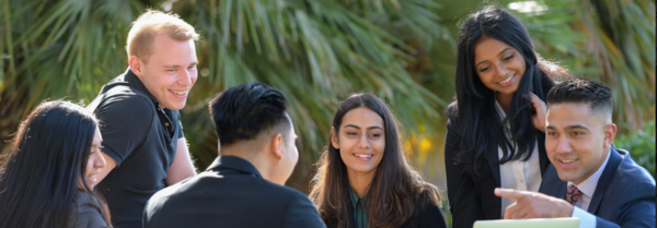 Grad students at Anderson Hall, UCR School of Business