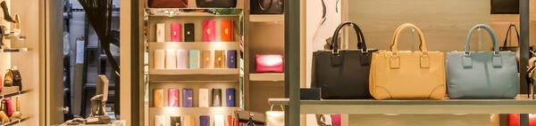 Ladies' hand bags in a store