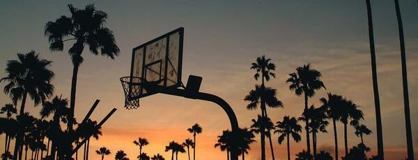 Basketball hoop at sunset with palm trees