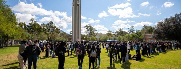 Campus with students and bell tower