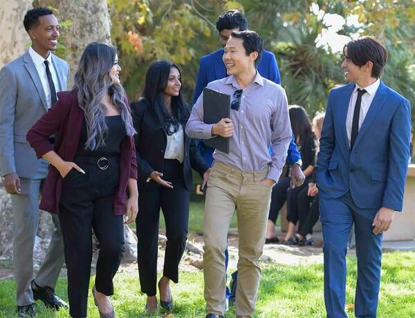 Grad students at Anderson Hall, UCR School of Business