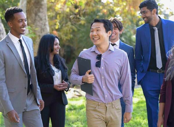 Grad students at Anderson Hall, UCR School of Business