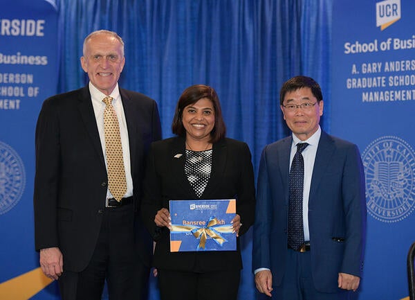 Executive Fellows Installation Dinner 2024, Chancellor Kim A. Wilcox, Bansree Parikh, Dean Yunzeng Wang