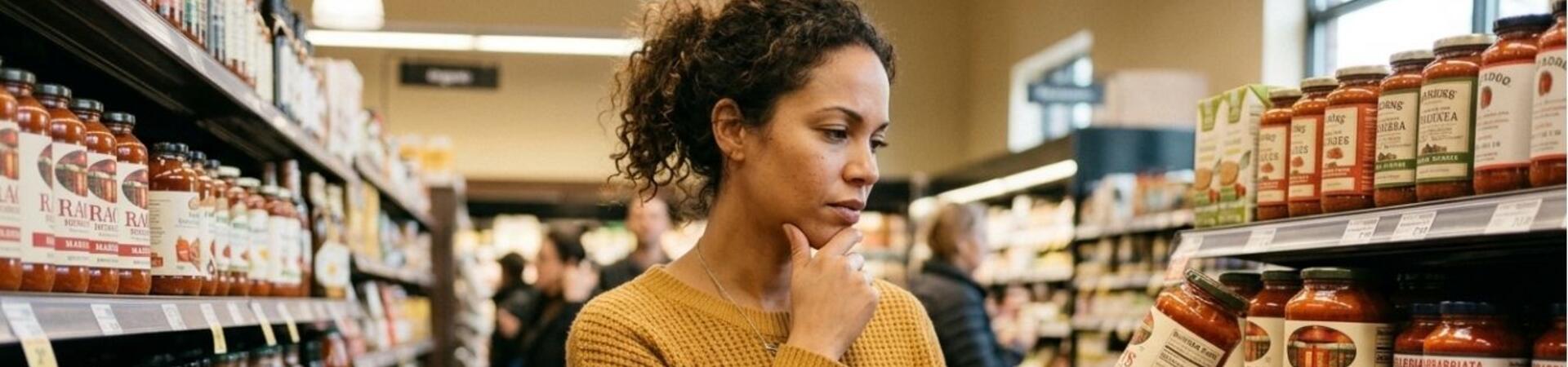 A woman considering her choices while she shops in a grocery store.