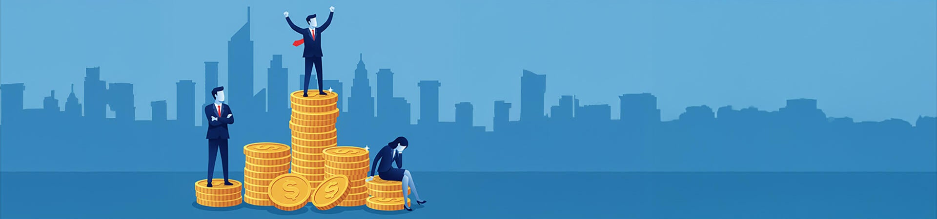 Business figures on varying coin stacks symbolizing wealth disparity.