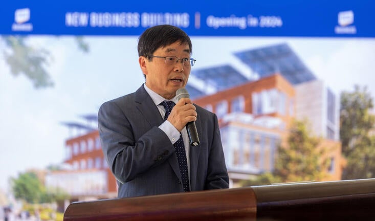 School of Business Dean Yunzeng Wang ​at the goundbreaking ceremony (UCR/Stan Lim)​