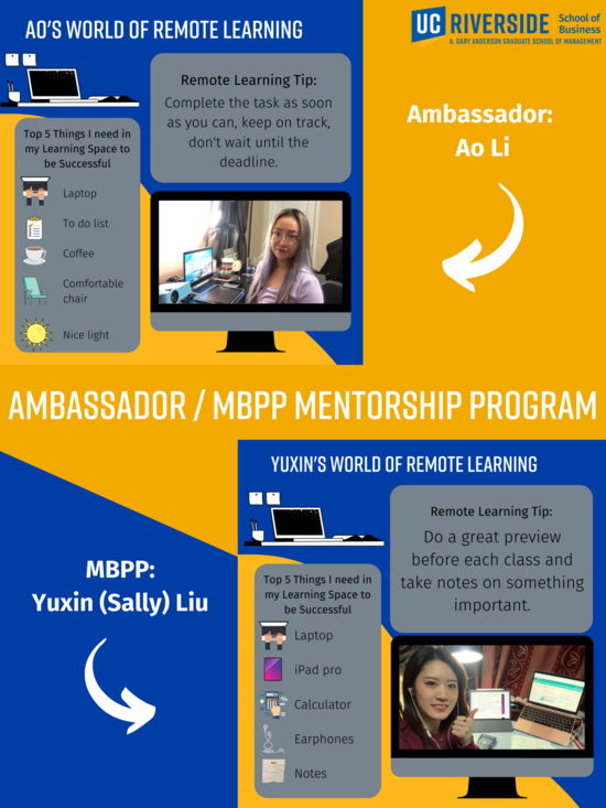 MBPP Ambassador Mentorship program mentee AO Li and MBPP Ambassador Mentorship program mentor Yuxin (Sally) Liu share remote learning tips