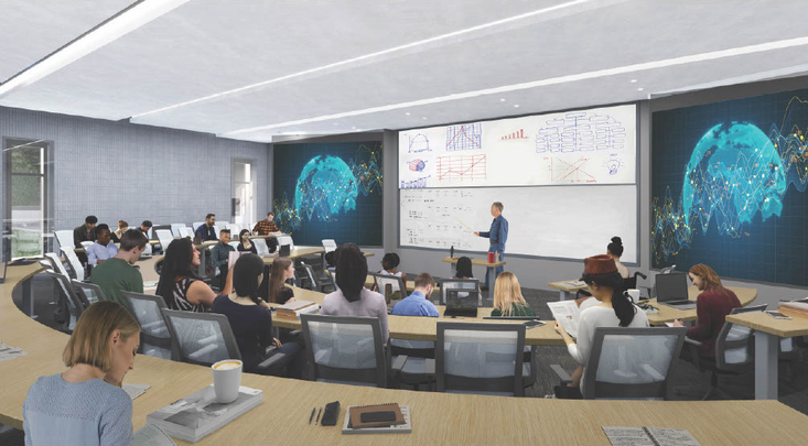 An artist rendering of a classroom in the new School of Business building