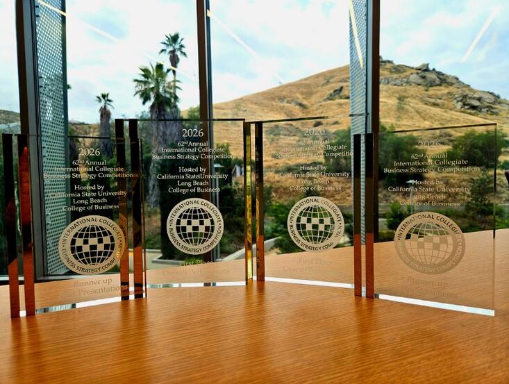 The trophies that UCR students won at the 2026 ICBSC: they received trophies for runner up for best presentations, first place for overall performance, and runner up for best documents.
